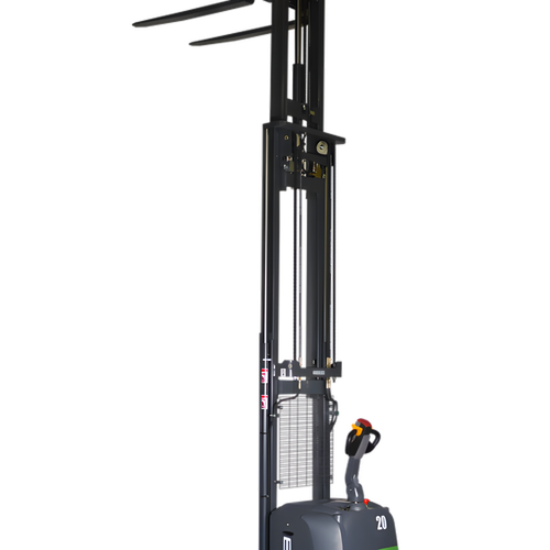 Extended forklift mast with lifting forks and control handle visible.