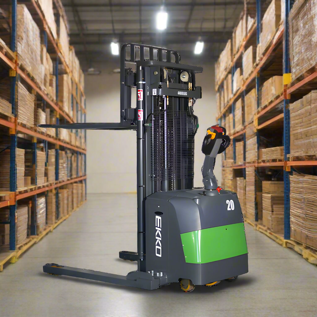 Electric straddle stacker forklift in warehouse surrounded by shelves and boxes.