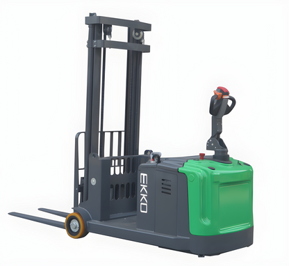 Counterbalance walkie stacker with green and black design, forks, and controls.