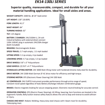 Counterbalanced walkie stacker specifications, features, and details for material handling.