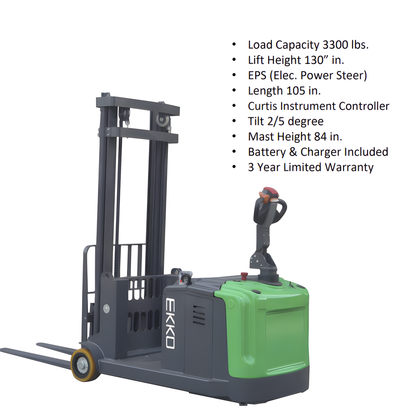 Counterbalanced walkie truck with specifications listed, including capacity and warranty.