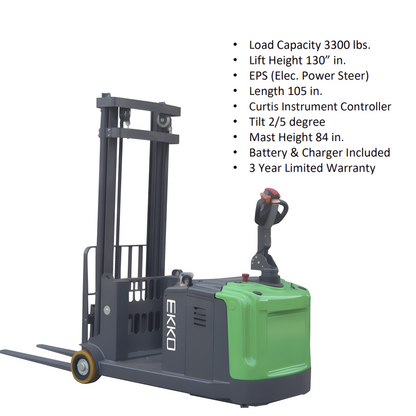 Counterbalanced walkie truck with specifications listed, including capacity and warranty.