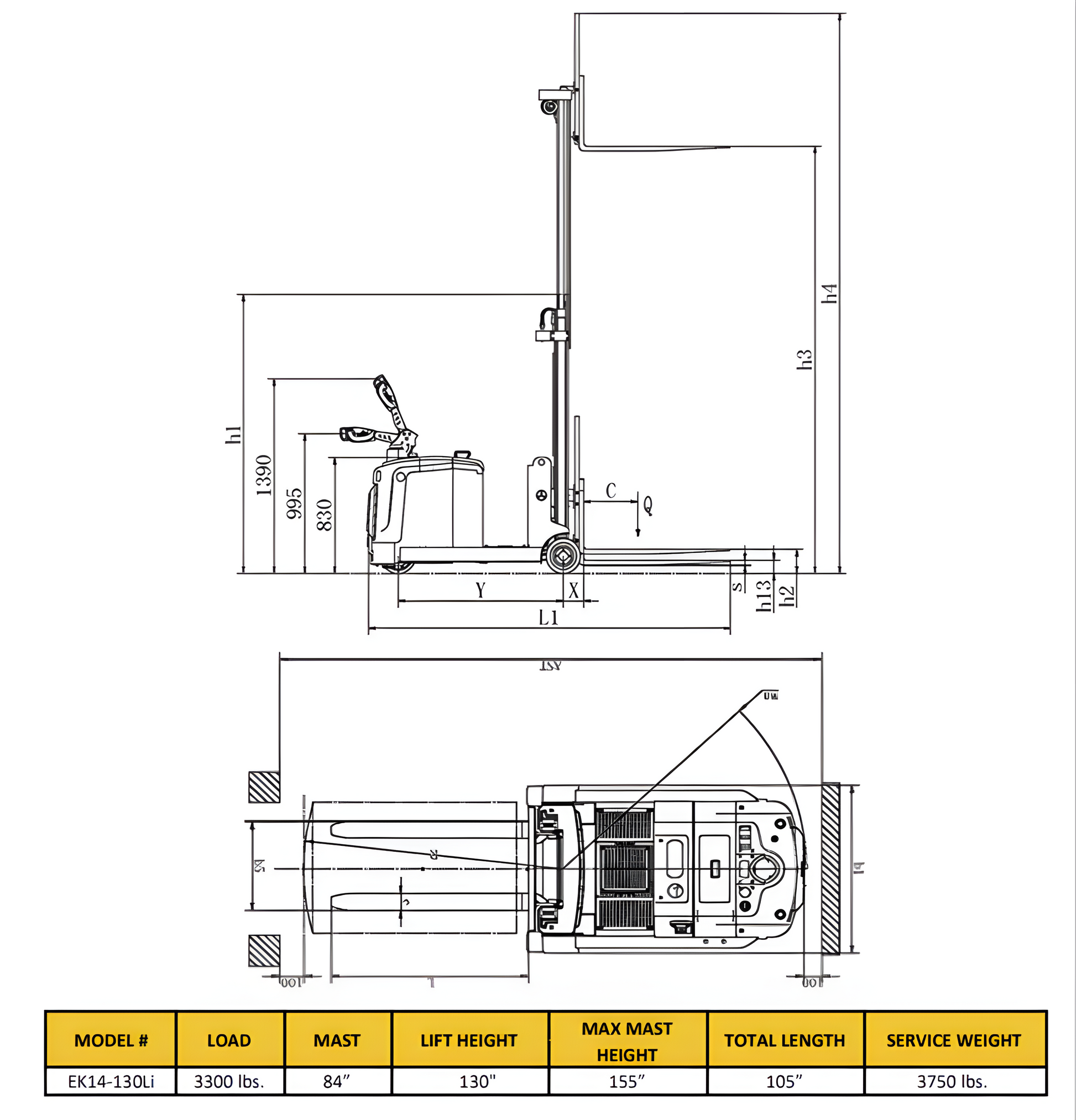 Technical diagram of counterbalance walkie stacker with specifications and dimensions table.