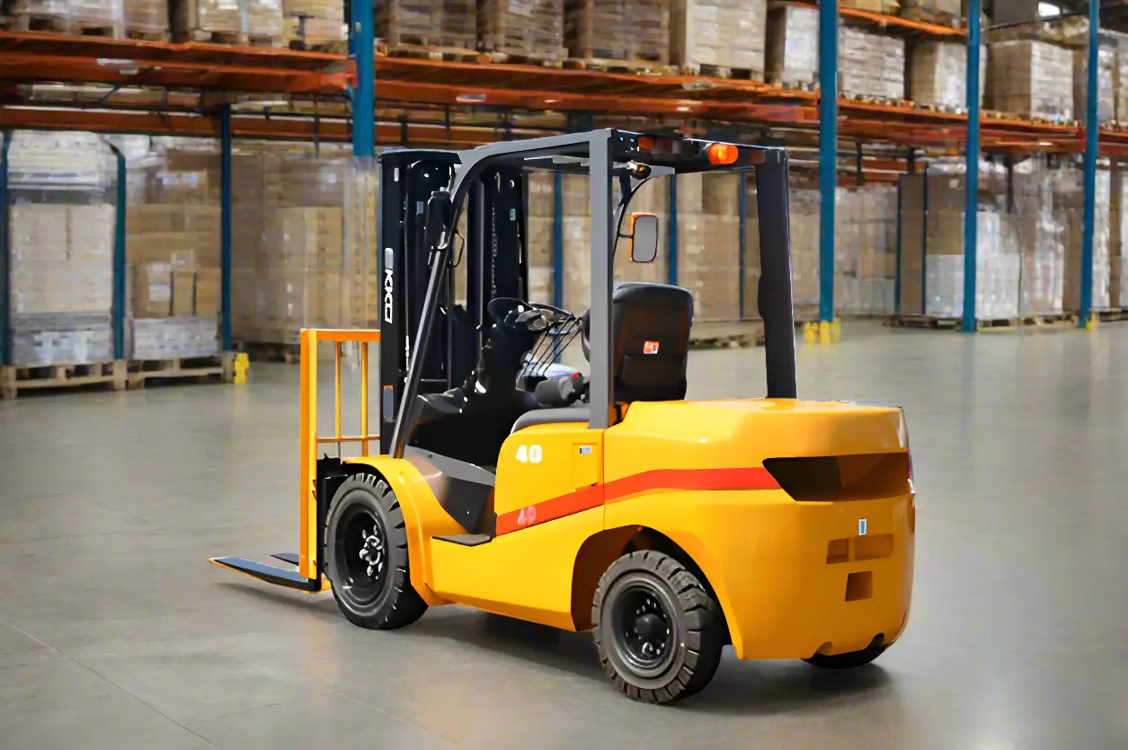 Yellow forklift with pneumatic tires parked in warehouse surrounded by wooden pallets
