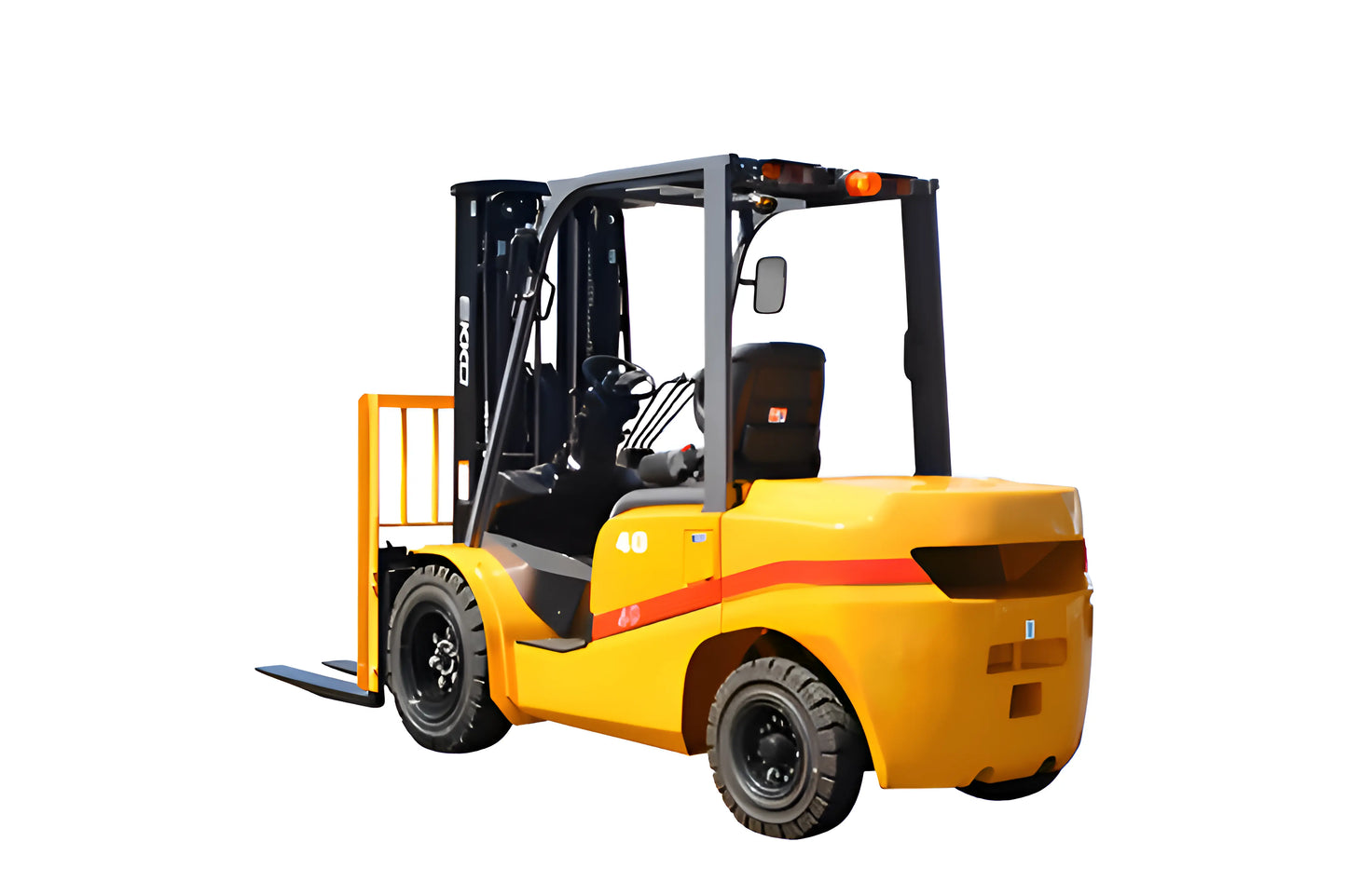 Yellow forklift with black forks and orange safety stripe on white background.