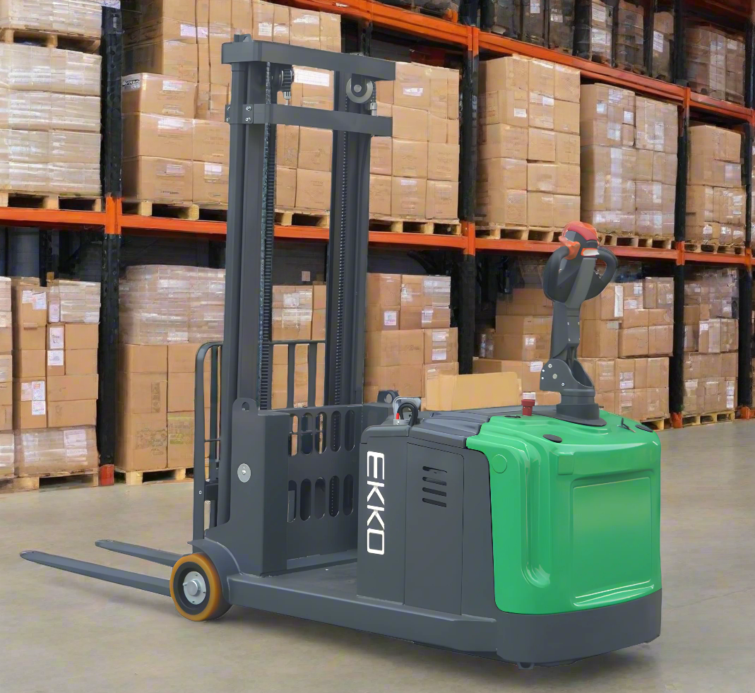 Counterbalanced walkie stacker  in warehouse with shelves stacked with boxes.