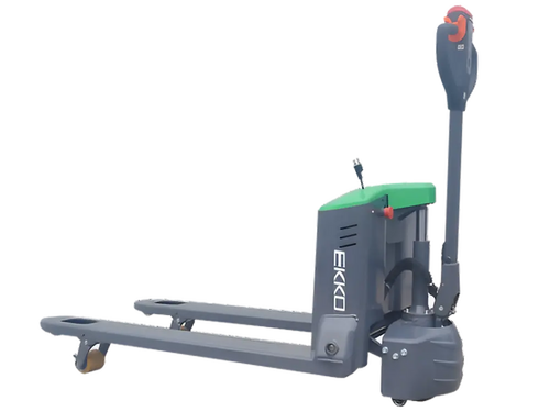 Electric pallet jack with gray body, green top, and upright handle.