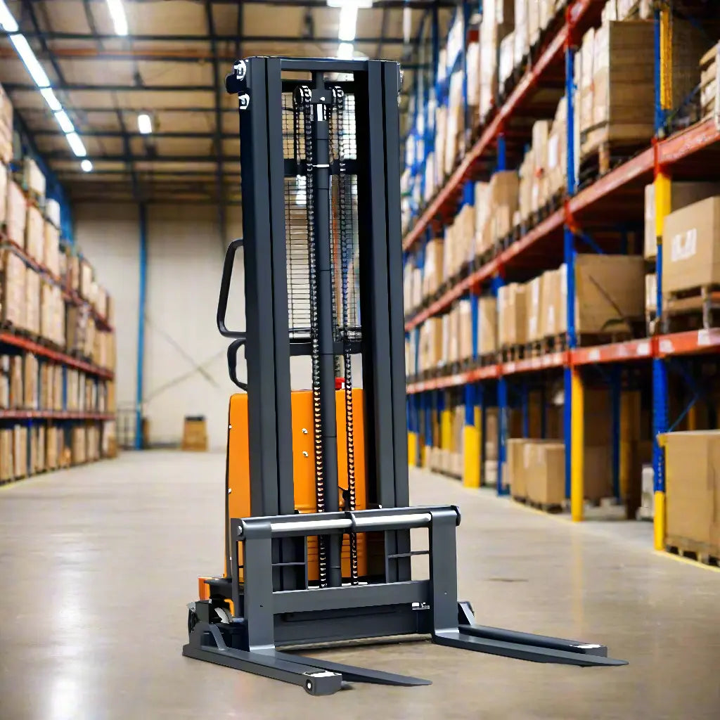 Electric warehouse stacker with ergonomic handle and tall lifting mast.