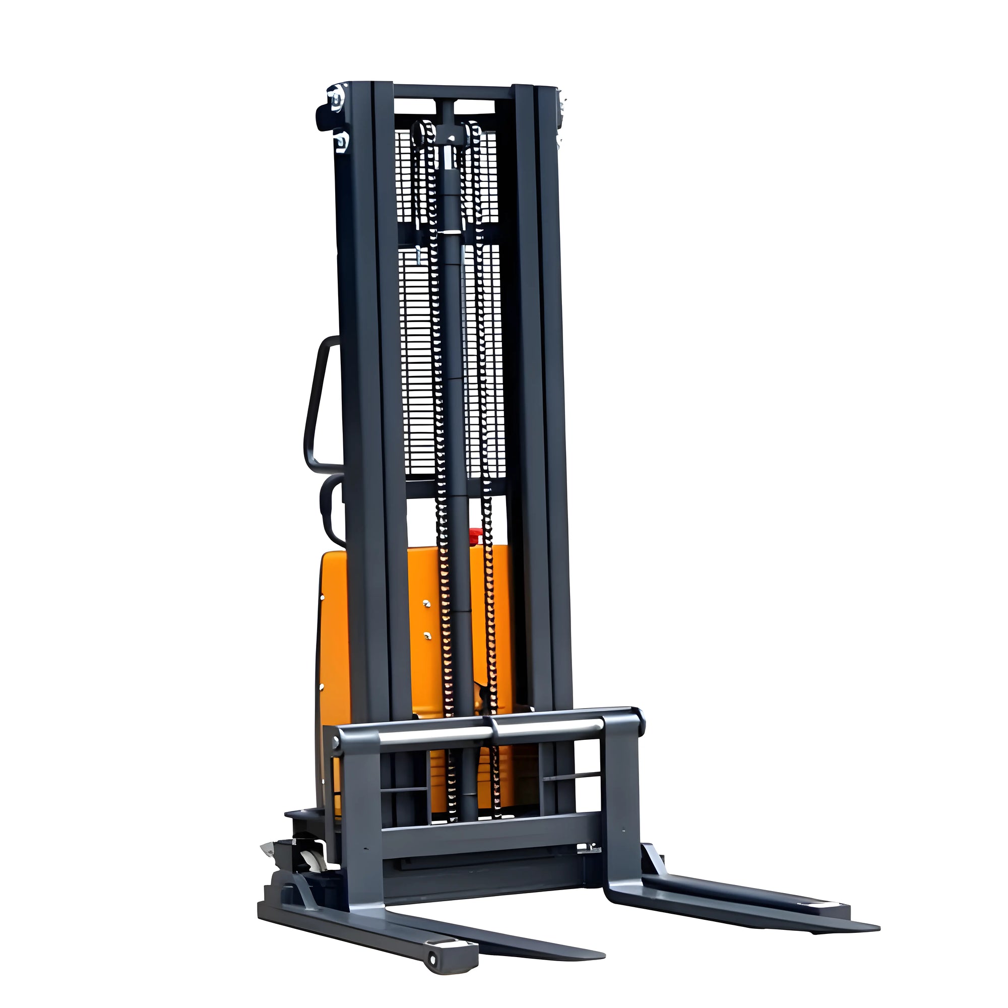Heavy-duty electric stacker with dual forks and vertical lifting mast.