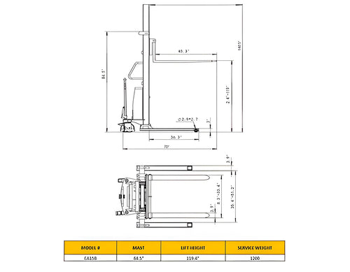 Technical diagram of EA15B electric stacker with dimensions and specifications.