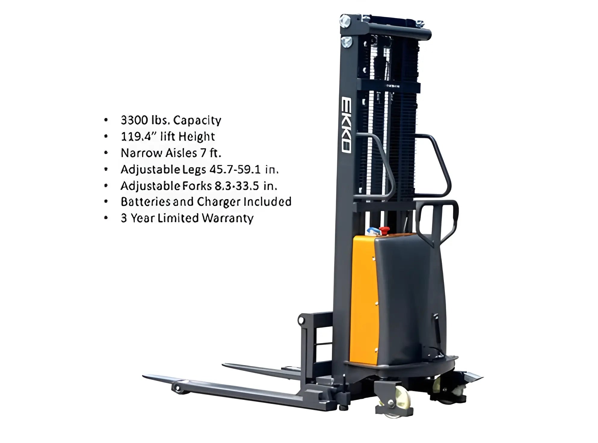 Heavy-duty electric stacker with 3300 lbs capacity and adjustable forks.
