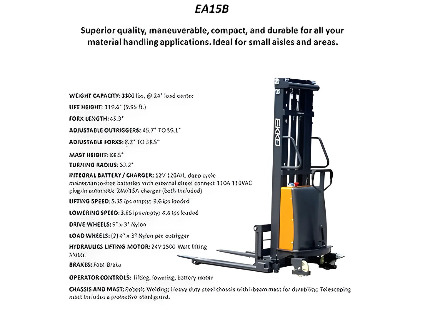 EA15B electric stacker with specifications and features for material handling.