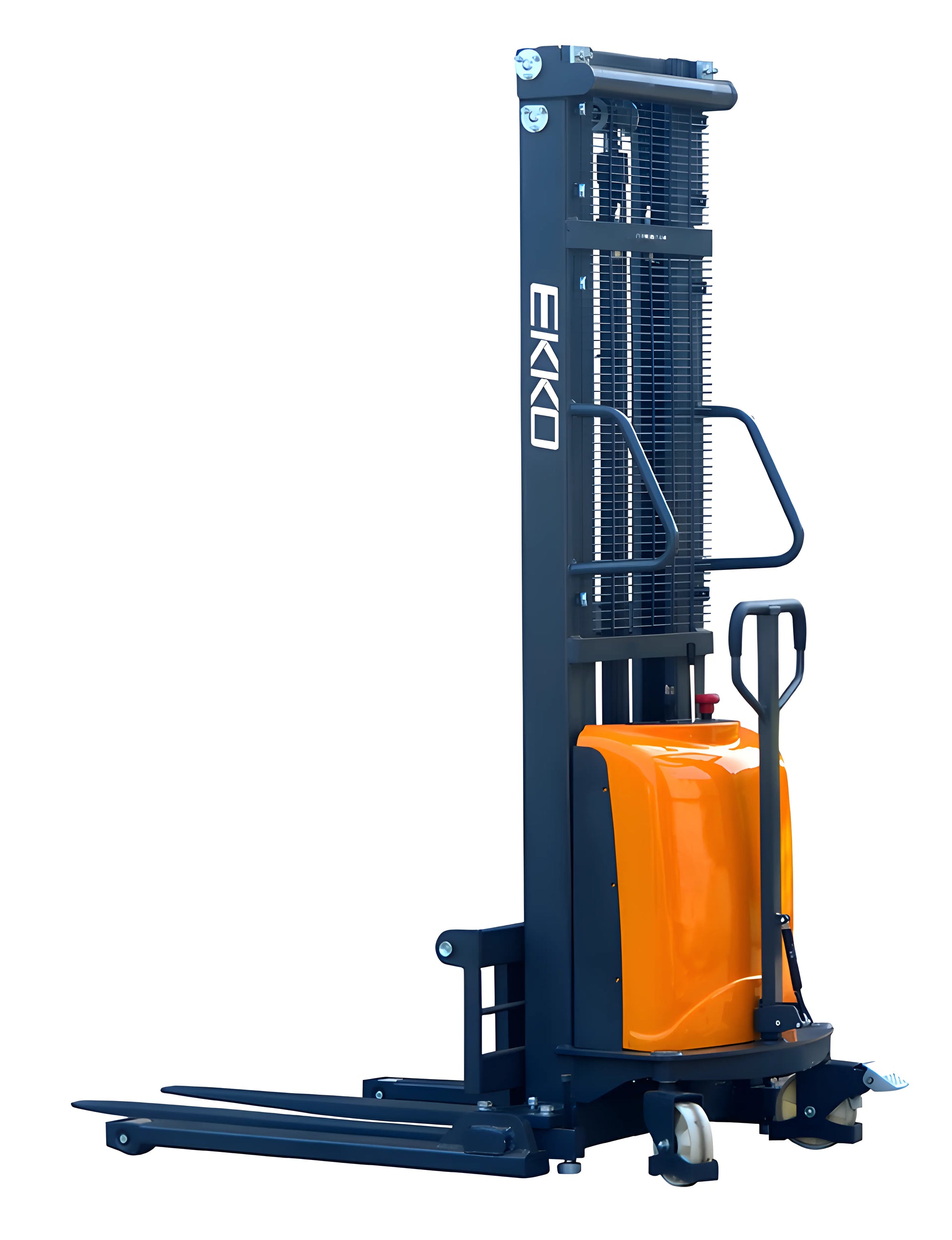 Orange EKKO electric stacker with ergonomic handle and adjustable forks."