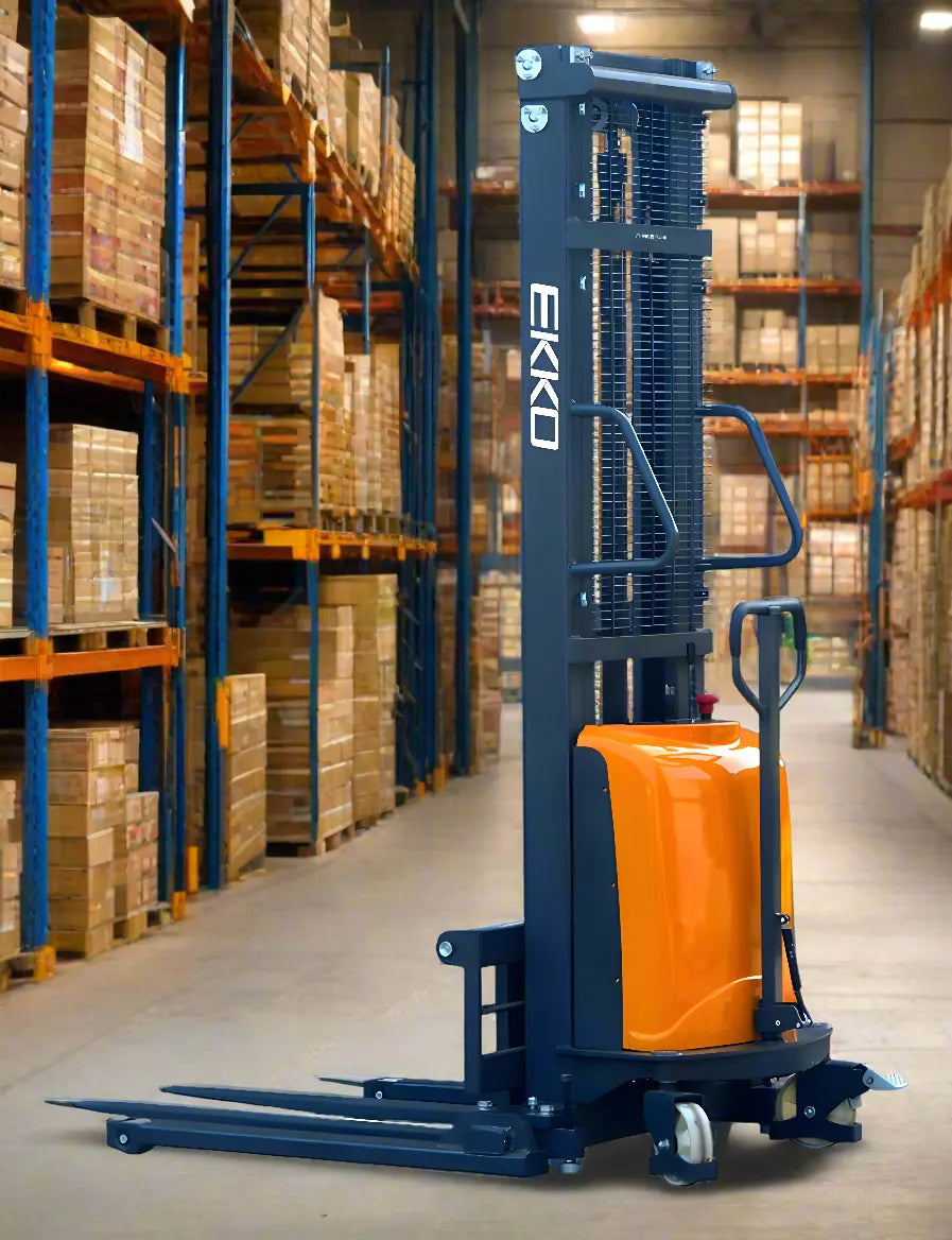 EKKO electric stacker in a warehouse with organized pallet racks.