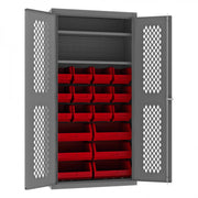 Durham Heavy Duty Cabinet, 14 Gauge, 36 x 18 x 72, 2 Adjustable Shelves, 18 Red Bins