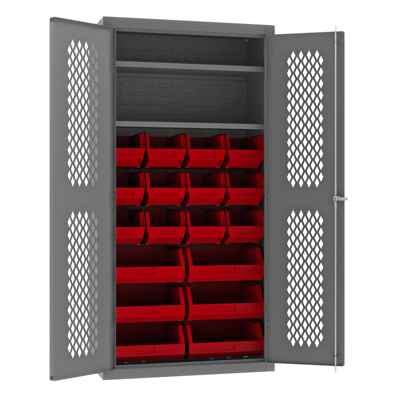 Durham Heavy Duty Cabinet, 14 Gauge, 36 x 18 x 72, 2 Adjustable Shelves, 18 Red Bins