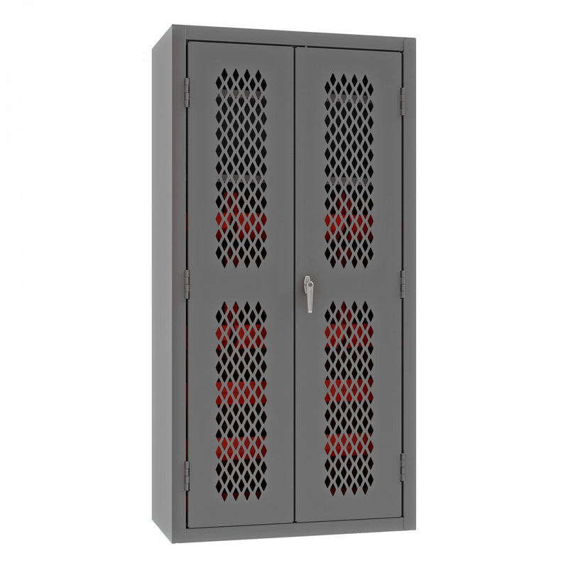 Durham Heavy Duty Cabinet, 14 Gauge, 36 x 18 x 72, 2 Adjustable Shelves, 18 Red Bins