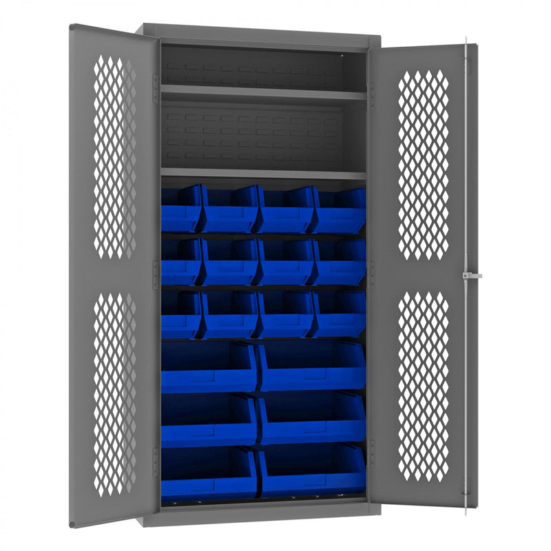 Durham Heavy Duty Cabinet, 14 Gauge, 36 x 18 x 72, 2 Adjustable Shelves, 18 Blue Bins