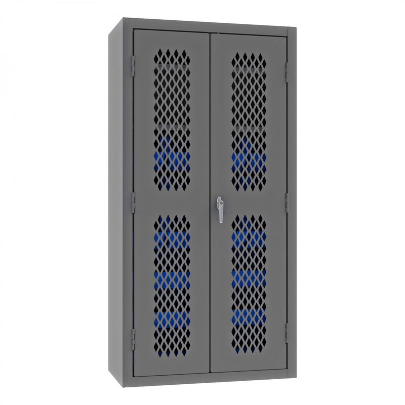 Durham Heavy Duty Cabinet, 14 Gauge, 36 x 18 x 72, 2 Adjustable Shelves, 18 Blue Bins