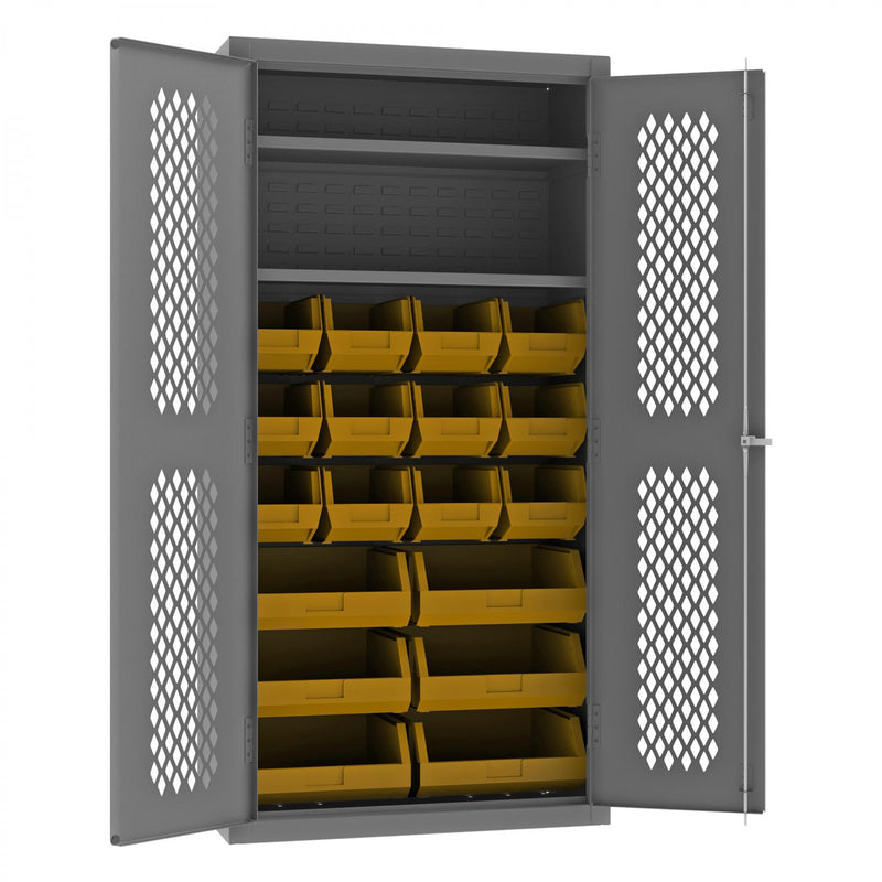 Durham Heavy Duty Cabinet, 14 Gauge, 36 x 18 x 72, 2 Adjustable Shelves, 18 Yellow Bins