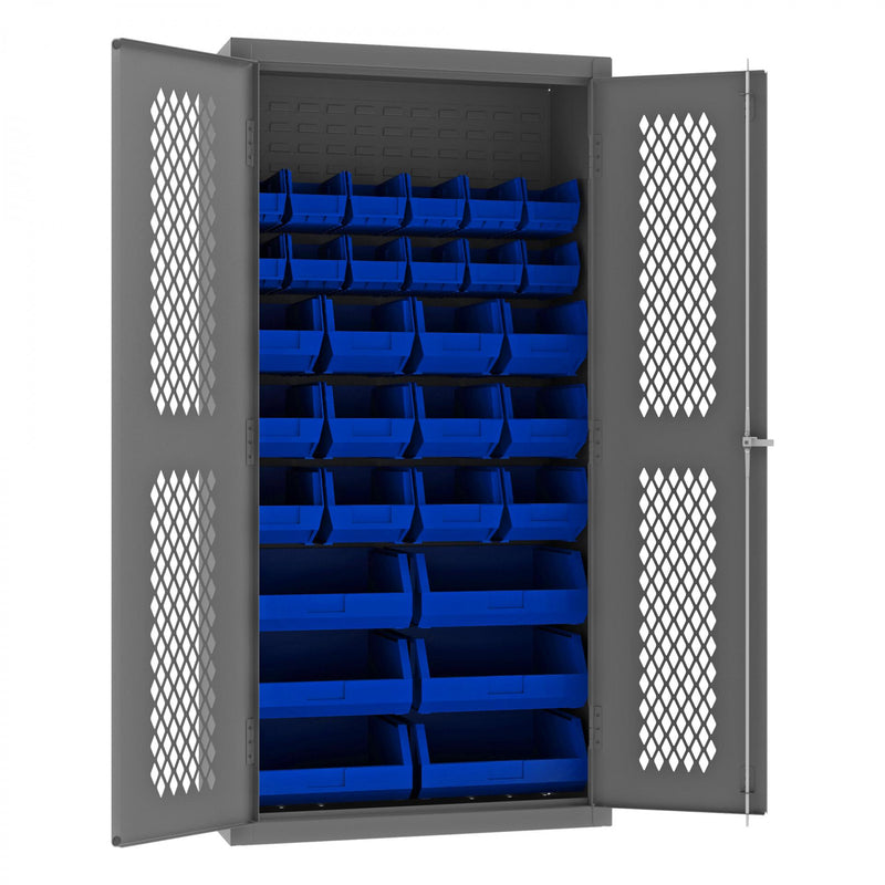 Durham Heavy Duty Cabinet, 14 Gauge, 36 x 24 x 72, 30 Blue Bins, Flush Ventilated Doors, Lockable