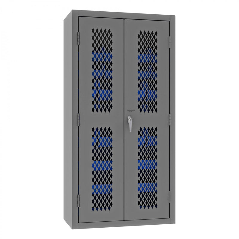 Durham Heavy Duty Cabinet, 14 Gauge, 36 x 24 x 72, 30 Blue Bins, Flush Ventilated Doors, Lockable