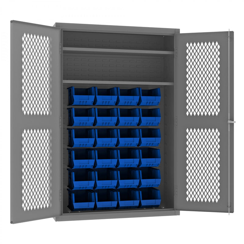 Durham Heavy Duty Cabinet, 14 Gauge, 48 x 18 x 72, 2 Adjustable Shelves, 24 Blue Bins