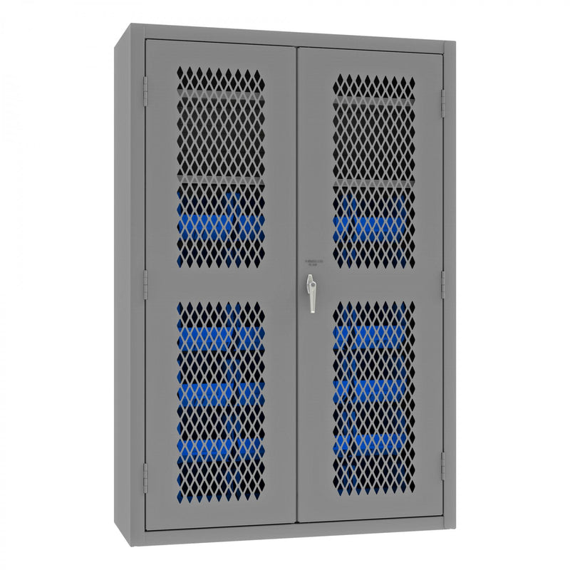 Durham Heavy Duty Cabinet, 14 Gauge, 48 x 18 x 72, 2 Adjustable Shelves, 24 Blue Bins