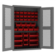 Durham Heavy Duty Cabinet, 14 Gauge, 48 x 24 x 72, 42 Red Bins, Flush Ventilated Doors, Lockable