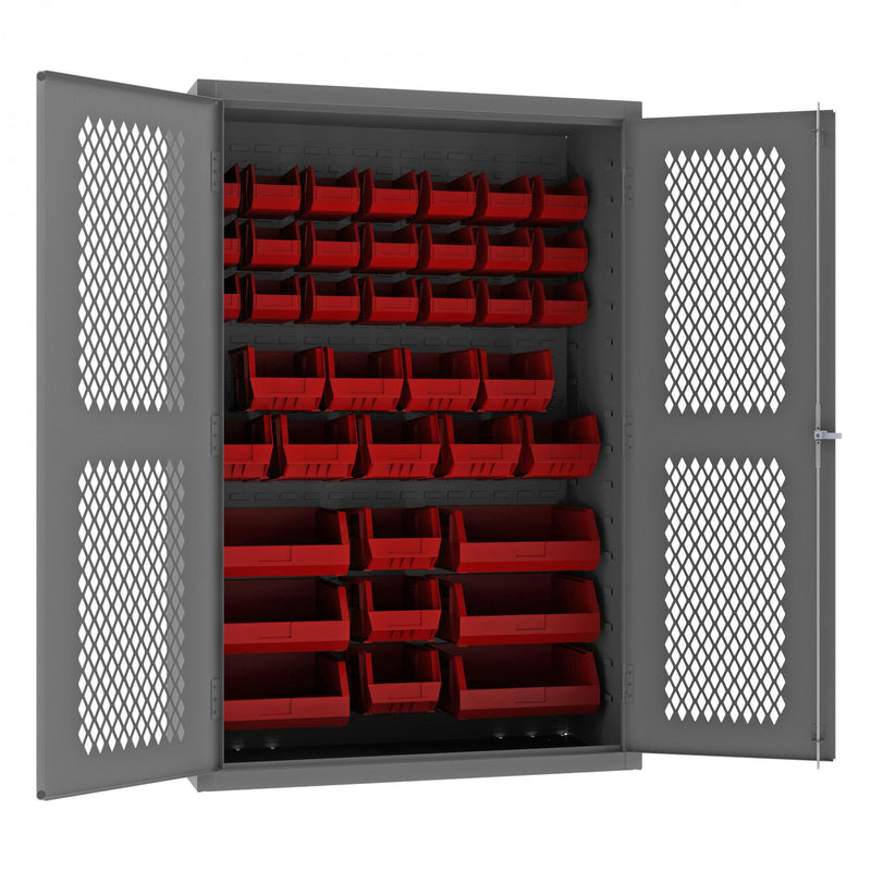 Durham Heavy Duty Cabinet, 14 Gauge, 48 x 24 x 72, 42 Red Bins, Flush Ventilated Doors, Lockable