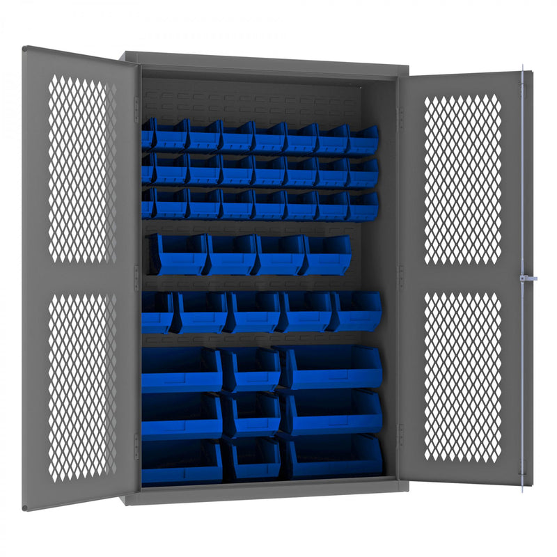 Durham Heavy Duty Cabinet, 14 Gauge, 48 x 24 x 72, 42 Blue Bins, Flush Ventilated Doors, Lockable