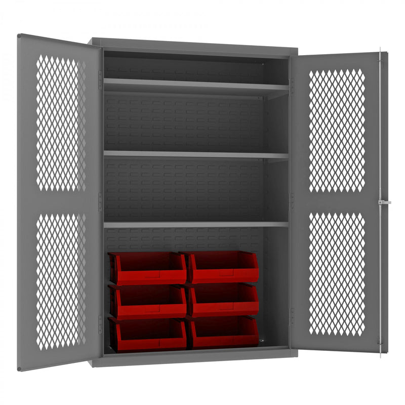 Durham Heavy Duty Cabinet, 14 Gauge, 48 x 24 x 72, 3 Adjustable Shelves, 6 Red Bins