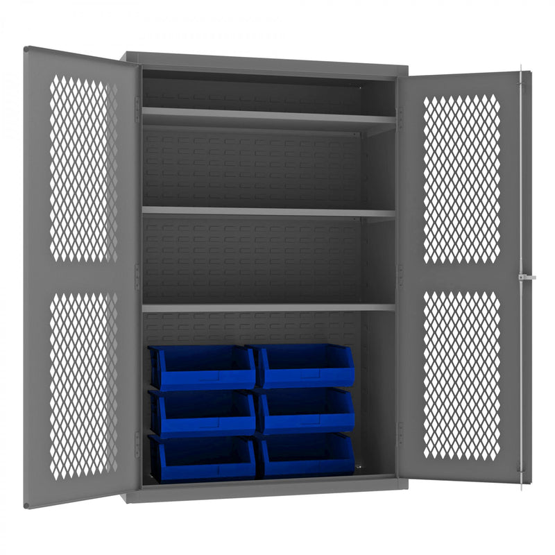 Durham Heavy Duty Cabinet, 14 Gauge, 48 x 24 x 72, 3 Adjustable Shelves, 6 Blue Bins