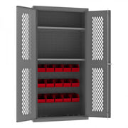 Durham Heavy Duty Cabinet, 14 Gauge, 36 x 18 x 72, 2 Adjustable Shelves, 15 Red Bins