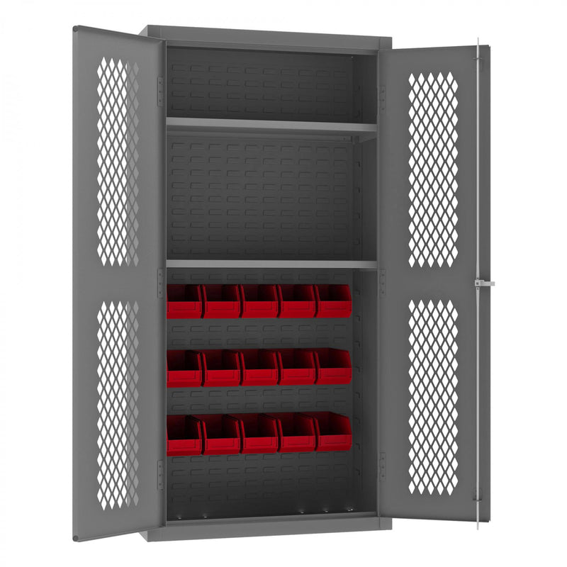 Durham Heavy Duty Cabinet, 14 Gauge, 36 x 18 x 72, 2 Adjustable Shelves, 15 Red Bins