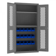 Durham Heavy Duty Cabinet, 14 Gauge, 36 x 18 x 72, 2 Adjustable Shelves, 15 Blue Bins