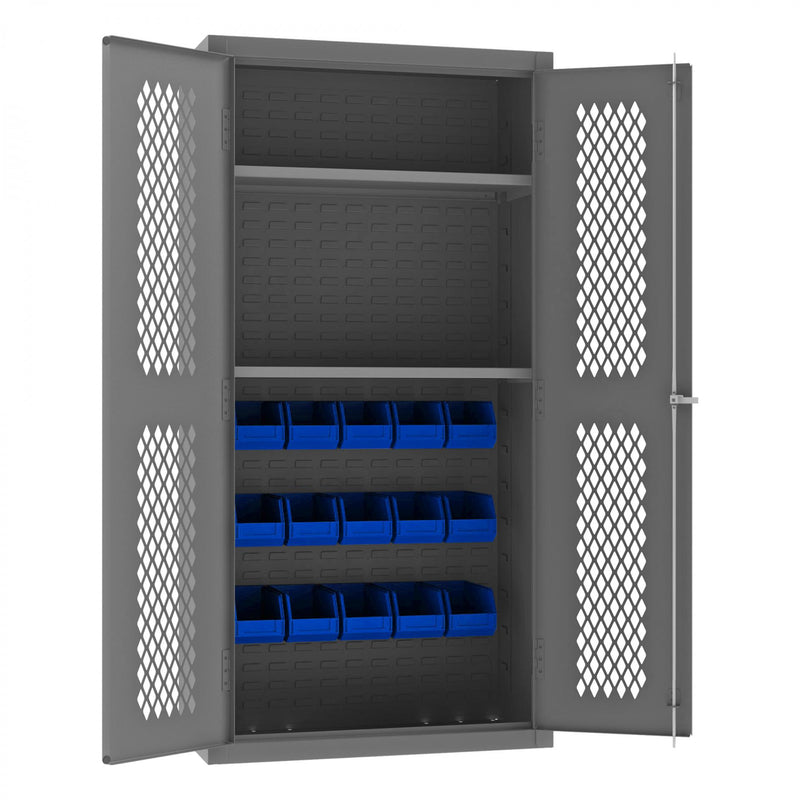Durham Heavy Duty Cabinet, 14 Gauge, 36 x 18 x 72, 2 Adjustable Shelves, 15 Blue Bins
