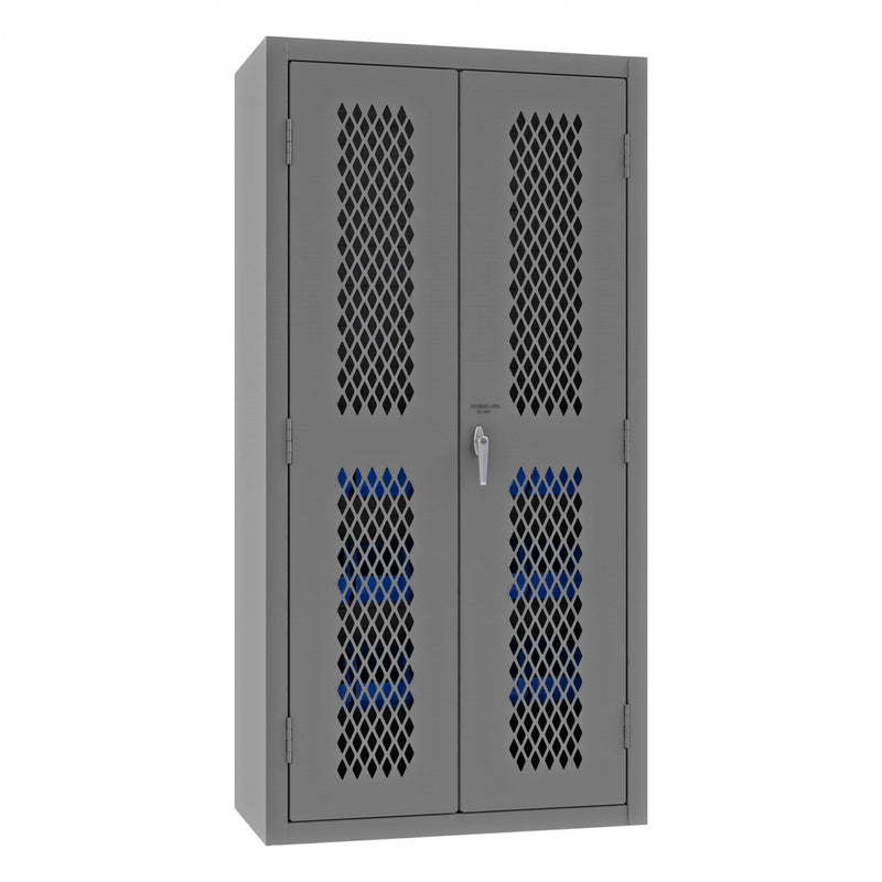 Durham Heavy Duty Cabinet, 14 Gauge, 36 x 18 x 72, 2 Adjustable Shelves, 15 Blue Bins