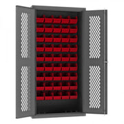 Durham Heavy Duty Cabinet, 14 Gauge, 36 x 18 x 72, 45 Red Bins, Flush Ventilated Doors, Lockable