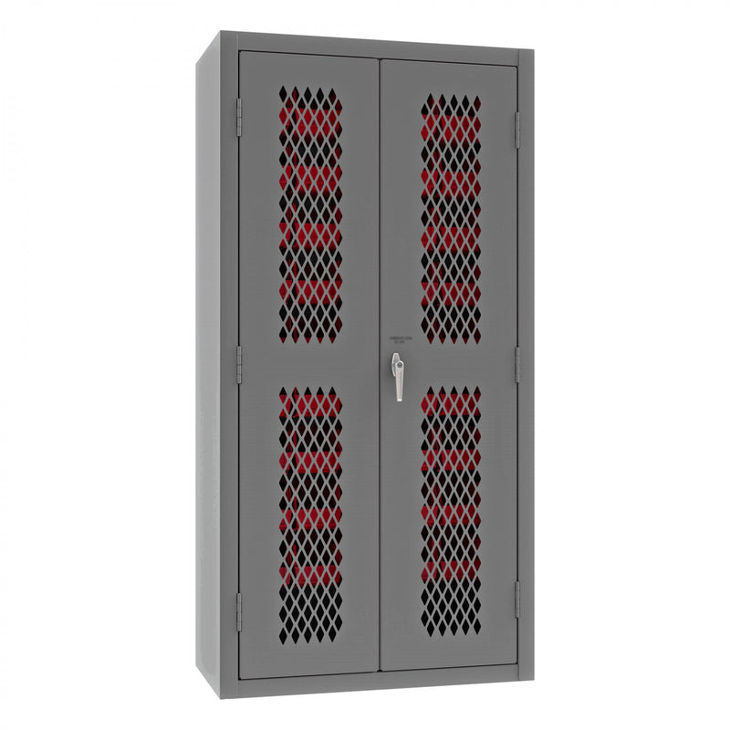 Durham Heavy Duty Cabinet, 14 Gauge, 36 x 18 x 72, 45 Red Bins, Flush Ventilated Doors, Lockable