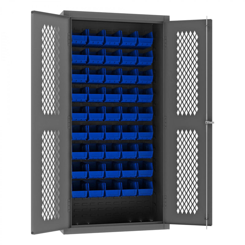 Durham Heavy Duty Cabinet, 14 Gauge, 36 x 18 x 72, 45 Blue Bins, Flush Ventilated Doors, Lockable