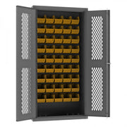 Durham Heavy Duty Cabinet, 14 Gauge, 36 x 18 x 72, 45 Yellow Bins, Flush Ventilated Doors, Lockable