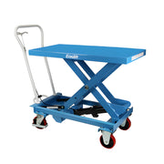 Blue scissor lift cart with a white cart