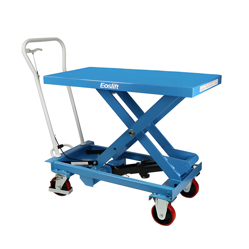Blue scissor lift cart with a white cart
