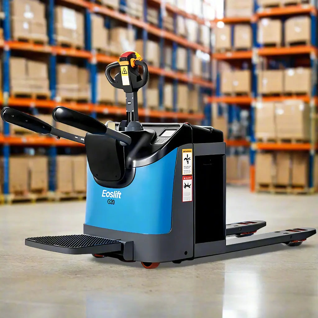 Blue electric powered pallet truck 