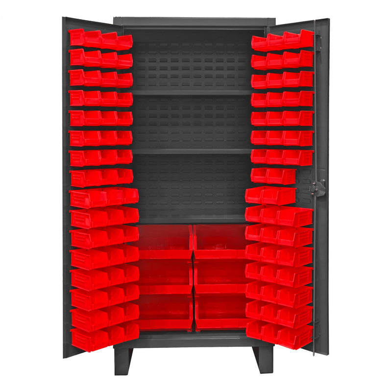 Durham Extra Heavy Duty Cabinet, 12 Gauge, 36 x 24 x 78, 3 Adjustable Shelves, 102 Red Bins