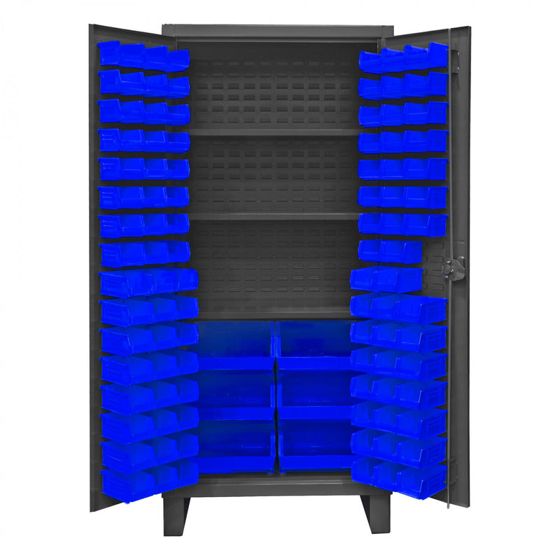 Durham Extra Heavy Duty Cabinet, 12 Gauge, 36 x 24 x 78, 3 Adjustable Shelves, 102 Blue Bins
