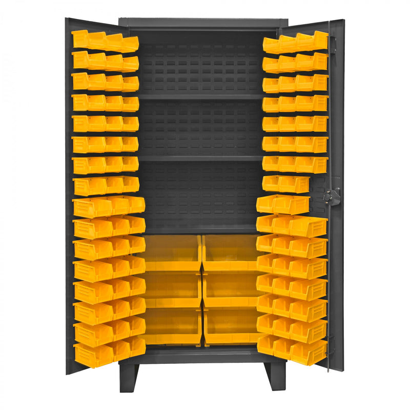 Durham Extra Heavy Duty Cabinet, 12 Gauge, 36 x 24 x 78, 3 Adjustable Shelves, 102 Yellow Bins