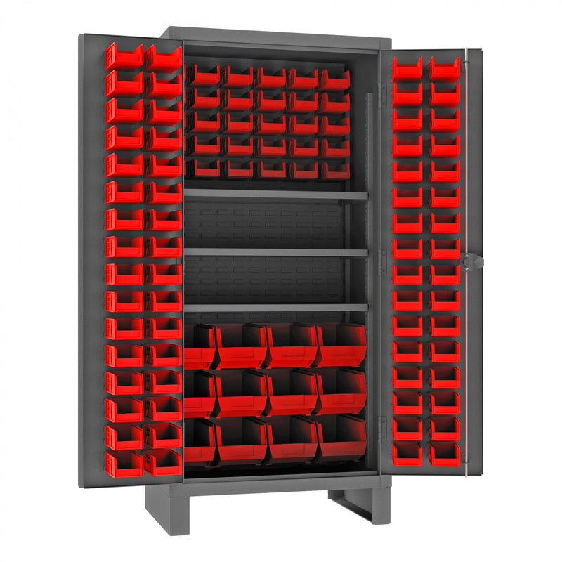 Durham Extra Heavy Duty Cabinet, 12 Gauge, 36 x 24 x 78, 3 Adjustable Shelves, 108 Red Bins