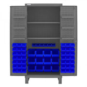 Durham Extra Heavy Duty Cabinet, 12 Gauge, 36 x 24 x 78, 2 Adjustable Shelves, 60 Blue Bins